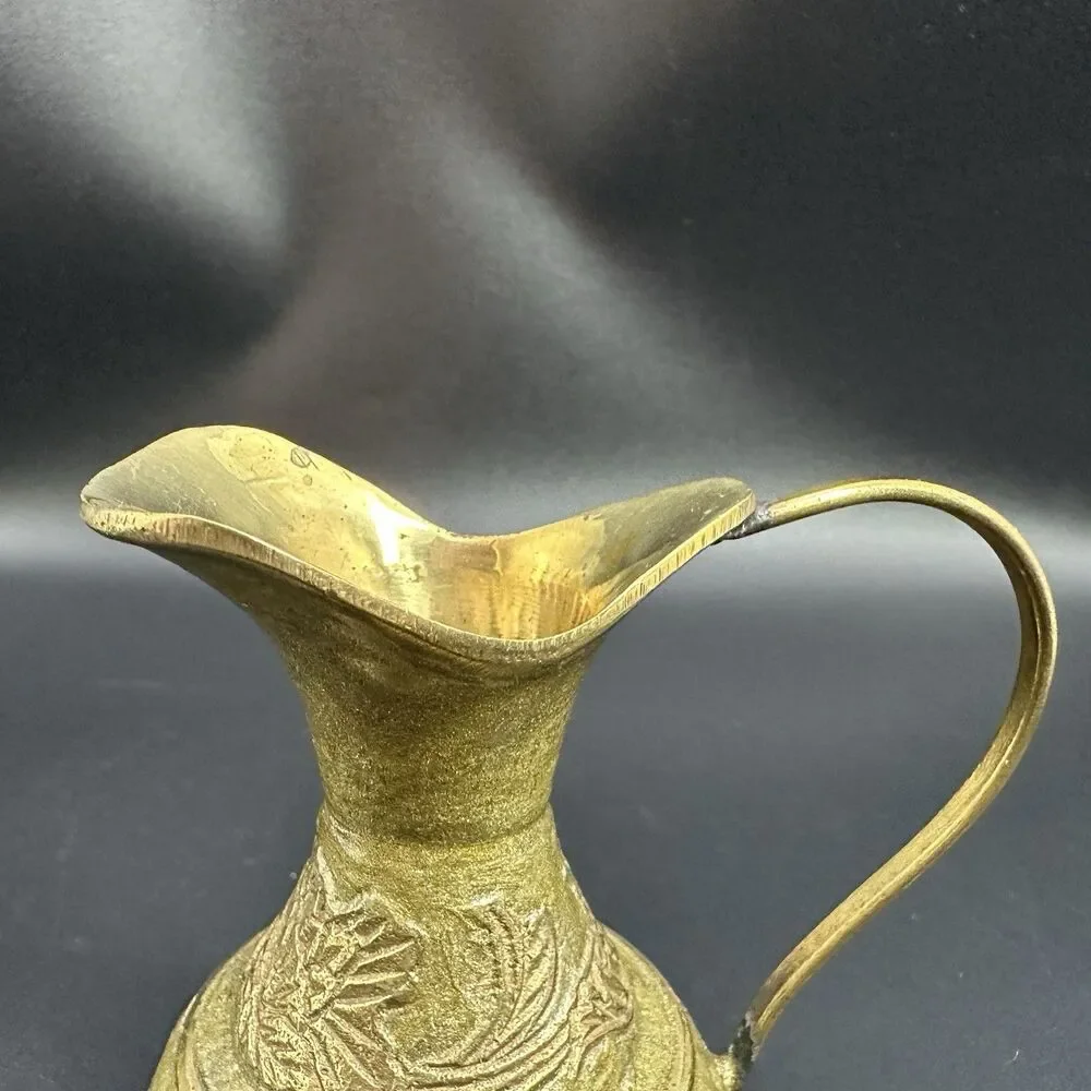 Vintage Anglo Indian Brass Decor Set Sage Green Enamel Pitcher & Lidded Jar